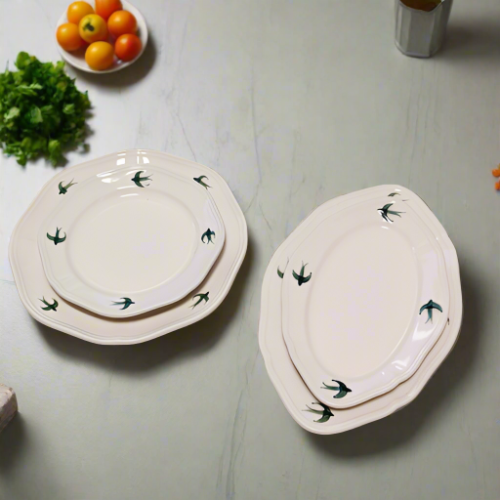 Handcrafted Oval Japanese Plate with Green Bird Design