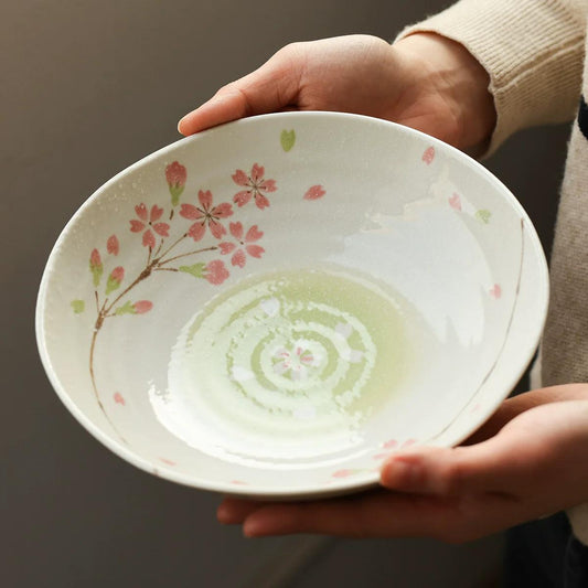 Handcrafted Deep Japanese Plate with Cherry Blossom Design