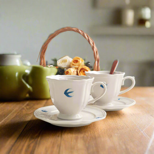 Vintage Japanese Tableware Set, Hand-Painted Ceramic Cup and Saucer, with Embossed Swallow Design - More Than Ceramics